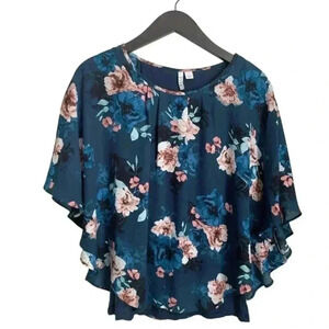 Elle Women's Small Floral Flowy Teal Blouse